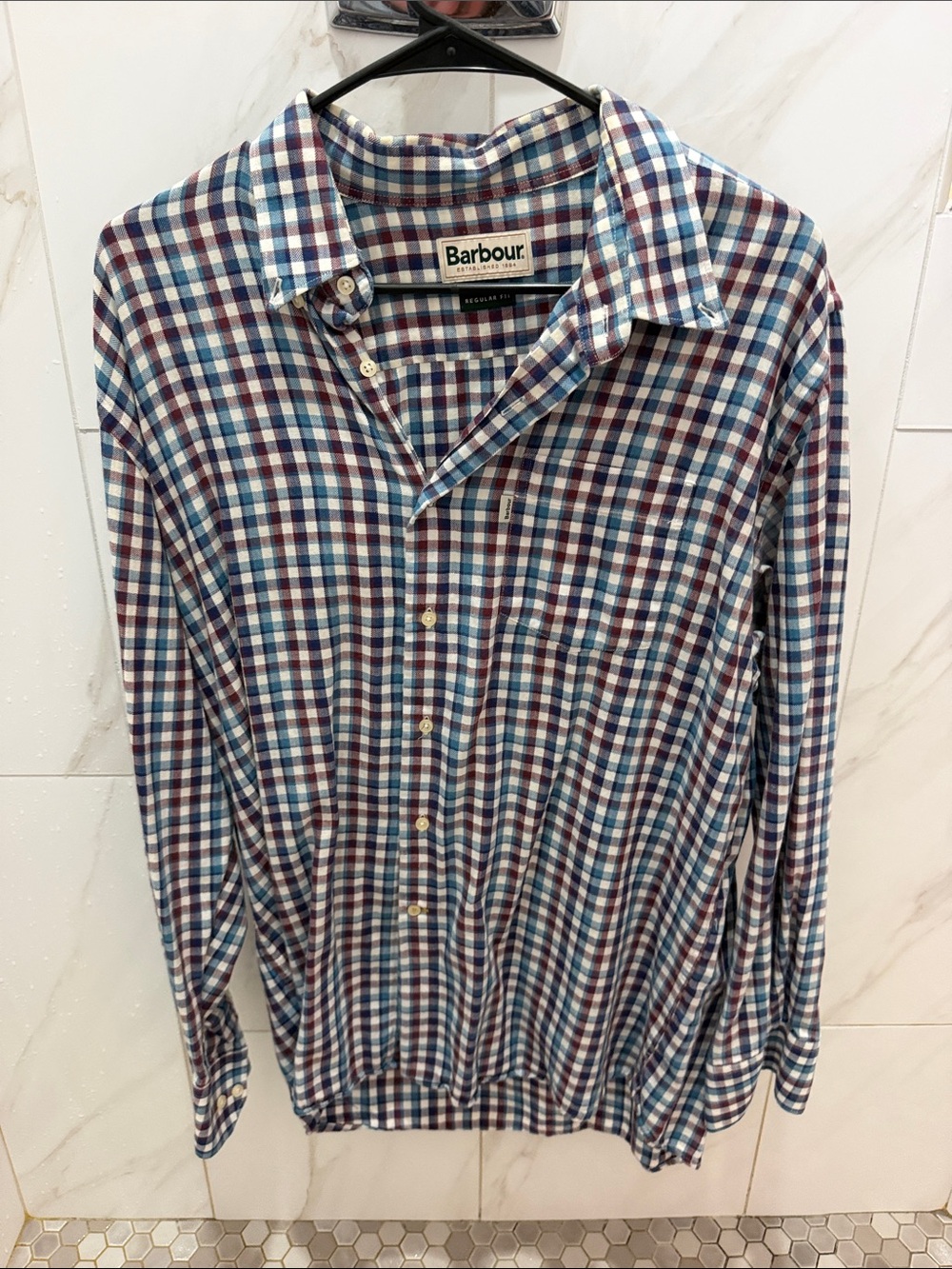 Barbour Men's Blue, Burgundy & White Plaid Button-Down Shirt